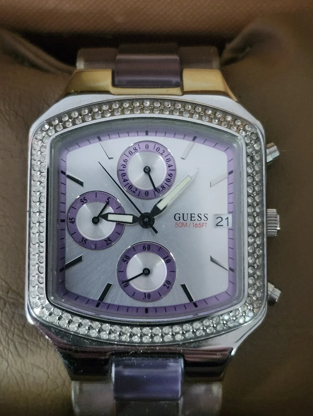 GUESS Deco Purple Crystal-Trim Purple Face Chronograph Watch-  New In Box